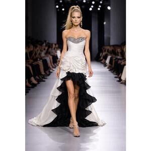 Tony Bowls Strapless Black White High-Low Gown Crystal Bodice Prom sz 0 Pageant